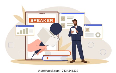Professional speaker concept. Businessman with notepad and hands with microphone. Company news and information. Press conference. Cartoon flat vector illustration isolated on white background