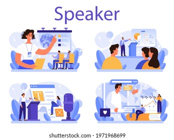 Professional speaker concept set. Rhetoric or elocution specialist speaking to a microphone. Business seminar speaker. Broadcasting or public address. Flat vector illustration