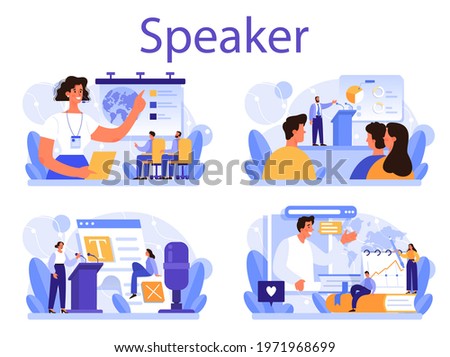 Professional speaker concept set. Rhetoric or elocution specialist speaking to a microphone. Business seminar speaker. Broadcasting or public address. Flat vector illustration