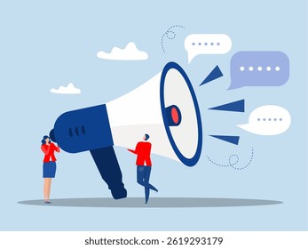 Professional speaker with megaphone ,businessman and woman shouting on megaphone Communicate message, announce job vacancy for hiring, shouting promotion or company communication vector