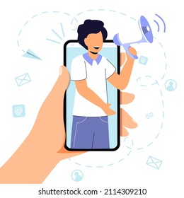Professional speaker with megaphone Influencer Man employer shout in loudspeaker recruit new employees Social media marketing account promotion Audience or followers growth SMM Vector illustration