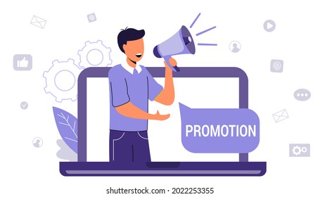 Altavoz profesional con megáfono Personas aprendices creativos o miembros de la empresa escuchando la actuación a entrenador cualificado o colega senior Estilo de diseño plano ilustrativo Vector