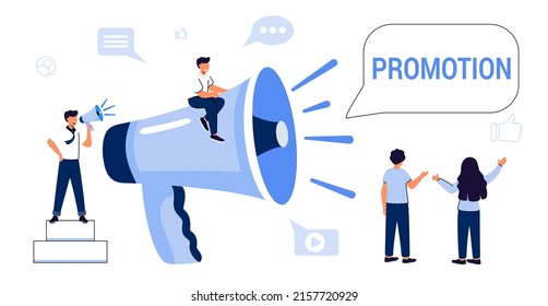 Professional speaker with megaphone Tiny character people creative trainees or company members listening to the performance to skilled coach or senior colleague Vector illustration flat design style