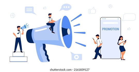 Professional speaker with megaphone Tiny character people creative trainees or company members listening to the performance to skilled coach or senior colleague Vector illustration flat design style