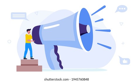 Professional speaker with megaphone Tiny people creative trainees or company members listening to the performance to skilled coach or senior colleague Vector illustration flat design style