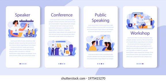 Professional speaker mobile application banner set. Rhetoric or elocution specialist speaking to a microphone. Business seminar speaker. Broadcasting or public address. Flat vector illustration