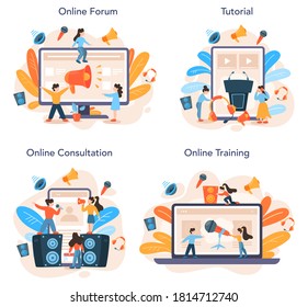 Professional speaker online service or platform set. Peson speaking to a microphone. Broadcasting or public address. Online consultation, forum, tutorial, training. Isolated vector illustration