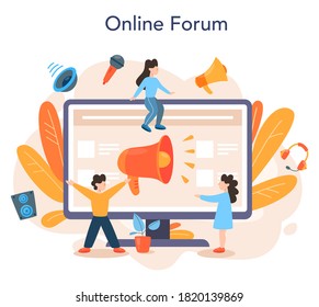Professional speaker online service or platform. Peson speaking to a microphone. Broadcasting or public address. Online forum. Isolated vector illustration