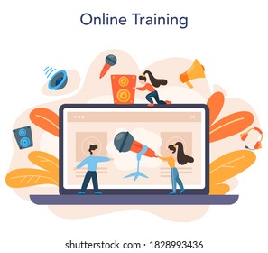 Professional speaker online service or platform. Peson speaking to a microphone. Broadcasting or public address. Online training. Isolated vector illustration