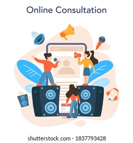 Professional speaker online service or platform. Peson speaking to a microphone. Broadcasting or public address. Online consultation. Isolated vector illustration
