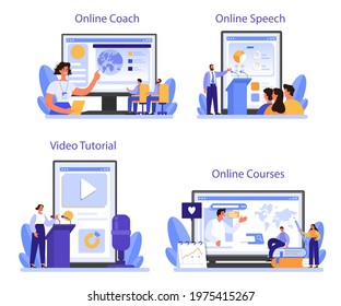 Professional speaker online service or platform set. Rhetoric or elocution specialist with a microphone. Seminar speaker. Online coach, course, speech, video tutorial. Flat vector illustration