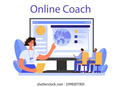 Professional speaker online service or platform. Rhetoric or elocution specialist with a microphone. Seminar speaker. Online coach. Flat vector illustration