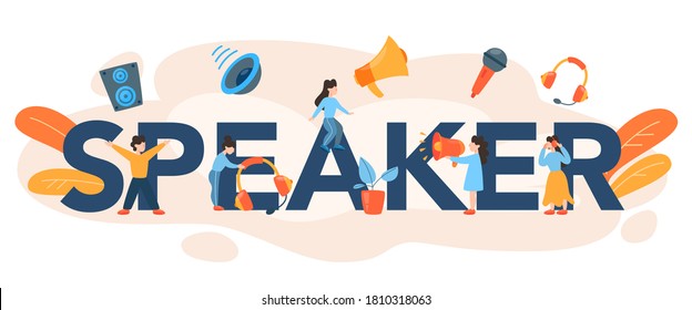 Professional speaker typographic header. Peson speaking to a microphone. Broadcasting or public address. Business seminar speaker. Isolated vector illustration