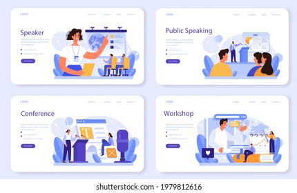 Professional speaker web banner or landing page set. Rhetoric or elocution specialist speaking to a microphone. Business seminar speaker. Broadcasting or public address. Flat vector illustration