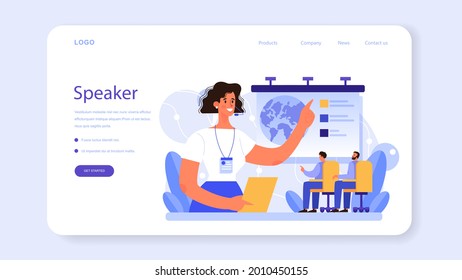 Professional speaker web banner or landing page. Rhetoric or elocution specialist speaking to a microphone. Business seminar speaker. Broadcasting or public address. Flat vector illustration