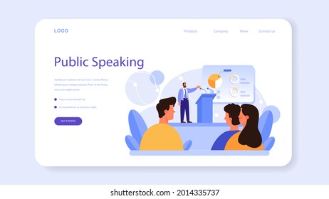 Professioneller Redner Web-Banner oder Landing-Page. Rhetorik- oder Erotikspezialist spricht mit einem Mikrofon. Business Seminar-Sprecher. Rundfunk- oder öffentliche Anschrift. Flache Vektorgrafik