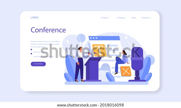 Professional speaker web banner or landing\
page. Rhetoric or elocution specialist speaking to a microphone.\
Business seminar speaker. Broadcasting or public address. Flat\
vector\
illustration