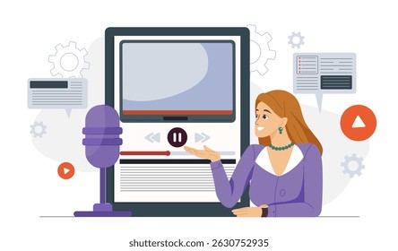 Professional speaker woman. Woman with microphone recording podcast. Broadcast and podcast. Streamer or radio host. Audio show on air. Flat vector illustration
