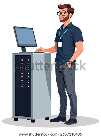 Professional IT specialist man working server rack with computer monitor
