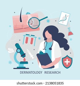 Professional specialist studies skin diseases. Doctor conducts dermatological research. Concept of dermatology and healthcare. Dermatologist studies structure, functioning of skin. Vector illustration - Shutterstock ID 2138051835