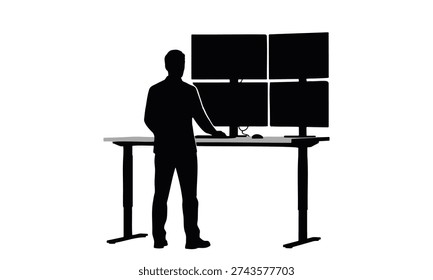 Professional it specialist working at standing desk with multi monitor setup in control room.