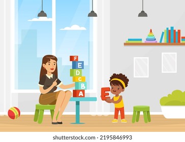 Professional Speech Therapist Teaching Little Girl Letter Pronunciation Sitting at Table with Toy Blocks Vector Illustration