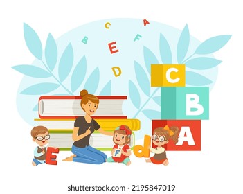 Professional Speech Therapist Teaching Little Kids Letter Pronunciation Sitting on Floor Among Books and Toy Blocks Vector Illustration