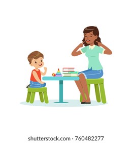 Professional Speech Therapy For Preschool Kid With Therapist In Kindergarten. Isolated Flat Vector