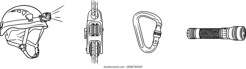 Professional Spelunking Caving and Rock Climbing Safety Gear Set with Headlamp Helmet Double Pulley Locking Carabiner and Tactical Flashlight Vectors.eps
