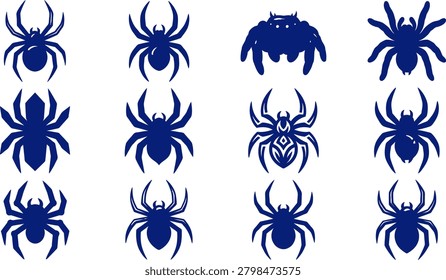 Professional spider silhouette icon collection featuring arachnid symbols tribal emblems mascot logos and decorative spider illustrations.