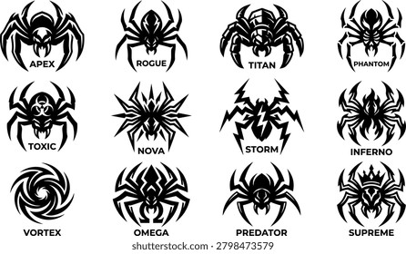 Professional spider silhouette icon collection featuring arachnid symbols tribal emblems mascot logos and decorative spider illustrations.