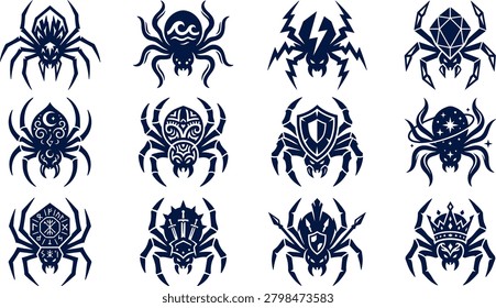 Professional spider silhouette icon collection featuring arachnid symbols tribal emblems mascot logos and decorative spider illustrations.