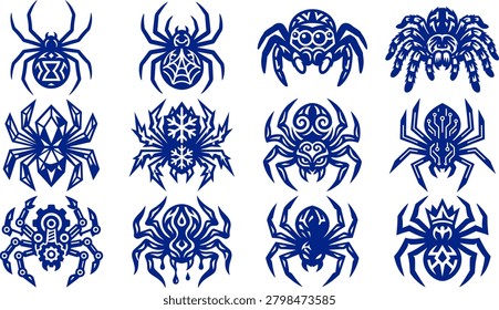 Professional spider silhouette icon collection featuring arachnid symbols tribal emblems mascot logos and decorative spider illustrations.