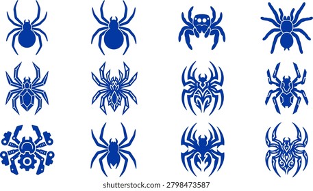 Professional spider silhouette icon collection featuring arachnid symbols tribal emblems mascot logos and decorative spider illustrations.