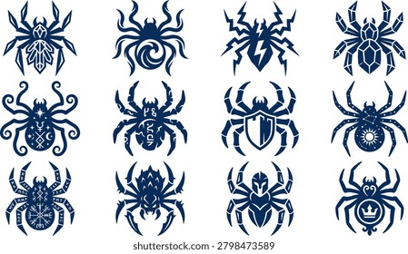 Professional spider silhouette icon collection featuring arachnid symbols tribal emblems mascot logos and decorative spider illustrations.