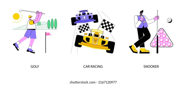 Professional sport abstract concept vector illustration set. Golf world championship, Formula 1 automobile sport, snooker biliard game, professional racer, high speed, grand prix abstract metaphor.