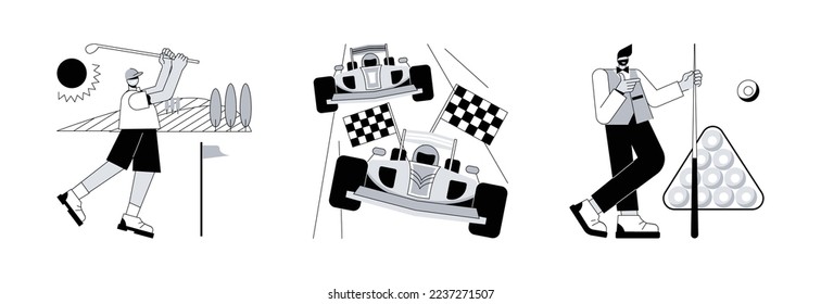 Professional sport abstract concept vector illustration set. Golf world championship, Formula 1 automobile sport, snooker biliard game, professional racer, high speed, grand prix abstract metaphor.