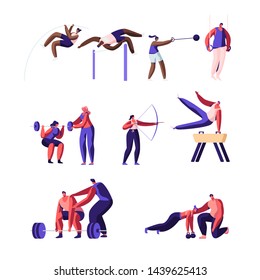 Professional Sport Activities Set. Male and Female Sportsmen Characters Workout. High Jump, Vaulting Horse, Pole Jumping, Core Shot, Bow Shooting, Gymnastics Exercises Cartoon Flat Vector Illustration