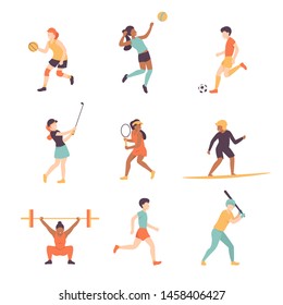 Professional sport activities set. Men Women sportsmen characters Basketball, Volleyball, Football, Golf, Tennis, Surfing, Weightlifting, Athletics, Baseball. Flat isolated vector illustration.