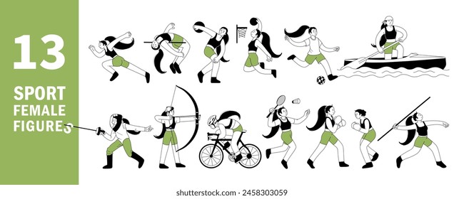 Professional Sport Activities Set. Women Sportsmen outline Characters Workout. Basketball, Biking, Athletics, Football, fencing, Archery, Badminton, kayaking. For web, mascot. Vector line illustration