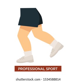Professional sport athlete, running, jogging during training in black shorts and white trainers, legs close up, health themed isolated colorful flat vector illustration