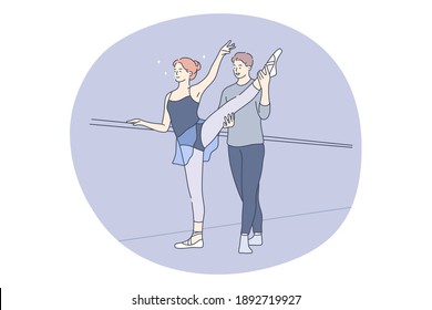 Professional sport, ballet, training concept. Young couple ballet dancers practicing movements on rehearsal in dance class together in pair. Active lifestyle, fitness, bodycare, wellness