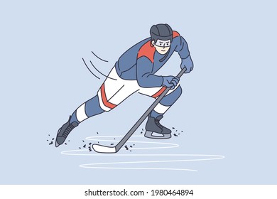 Professional sport and lifestyle concept. Young man hockey player cartoon character sliding on ice with stick in sports uniform vector illustration 