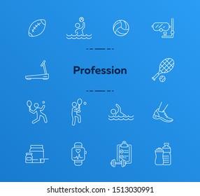 Professional sport line icon set. Tennis, supplement, game. Competition concept. Can be used for topics like wellness, training, healthy lifestyle