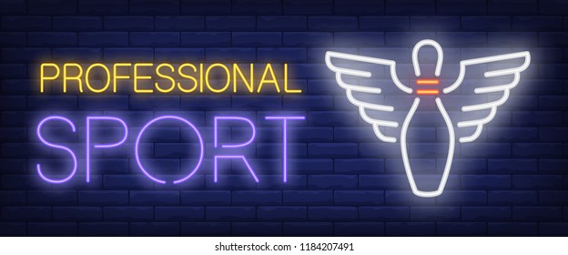 Professional sport neon text and bowling pin with wings. Bowling club and advertisement design. Night bright neon sign, colorful billboard, light banner. Vector illustration in neon style.