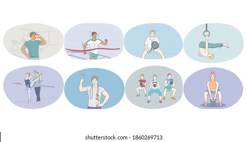 Professional sport, workout, training concept. Young people athletes training and practicing running, tennis, athletics, gymnastics, lifting weights, workout in gym and ballet in studio. Active life