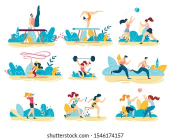 Professional Sportive People Performing Flat Set. Cartoon Men and Women Characters Taking Part in Acrobatic, Gymnastic, Running Marathon, Powerlifting, Volleyball Competition. Vector Illustration