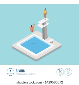 Professional sports competition: diving, professional diver jumping from a platform