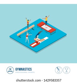 Professional sports competition: gymnastics, athletes performing with balance beam, vault and trampoline