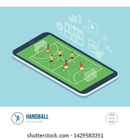 Professional sports competition: handball match and female players running and throwing ball, mobile app